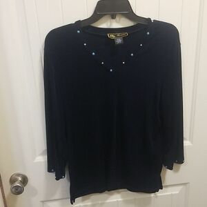 Mirasol Casual Studded Collar/ Studded Sleeve V-Neck Top Wmn's sz Large Navy